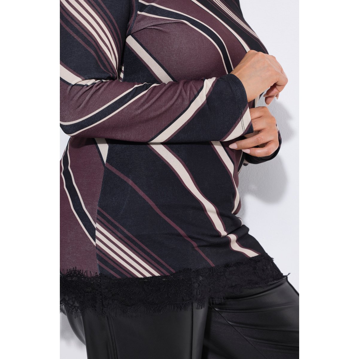 T-shirt rayé avec dentelle marron, ULLA POPKEN