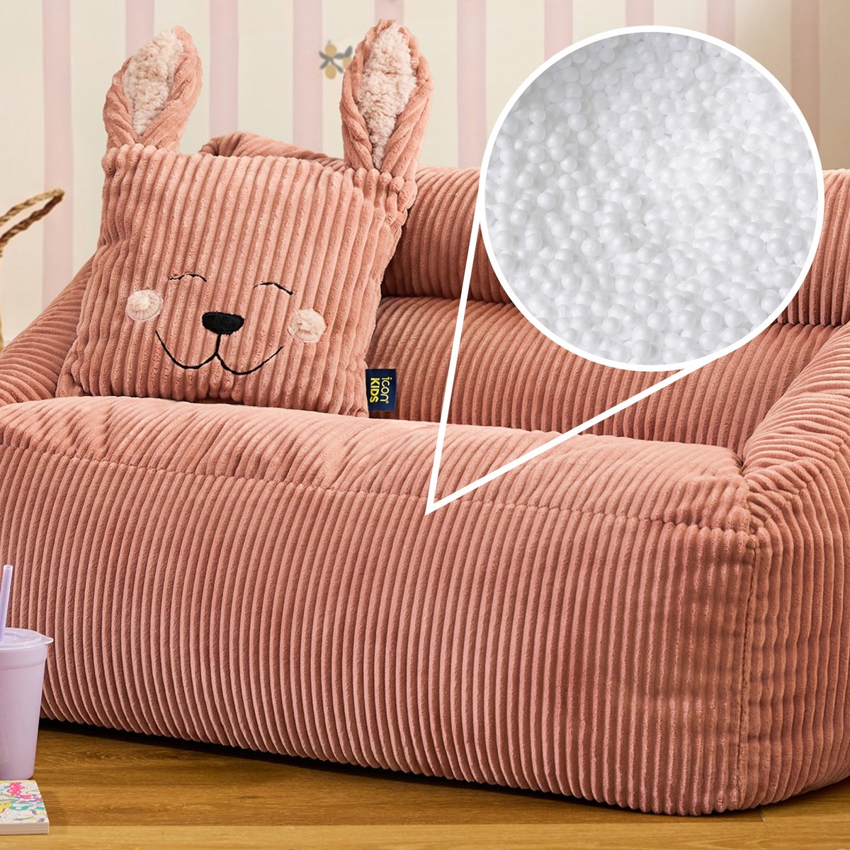 Pouf canapé enfant et coussin animal assorti en velours côtelé Oeko-Tex® - CECILIA rose aube, ICON