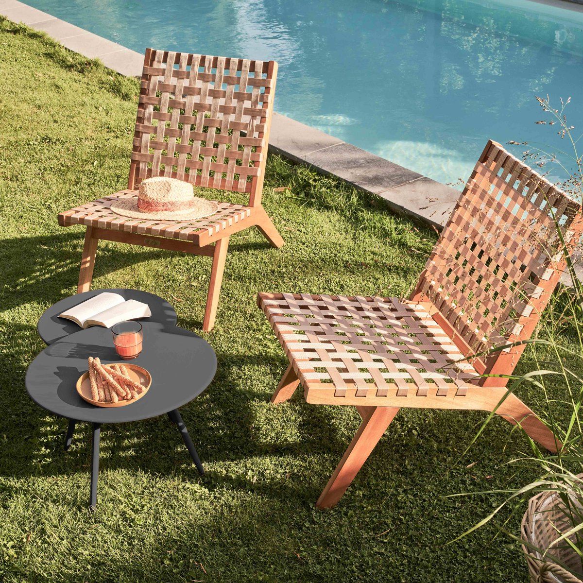 Lot de 2 tables basses gigognes de jardin en métal, PALAVAS gris anthracite, OVIALA