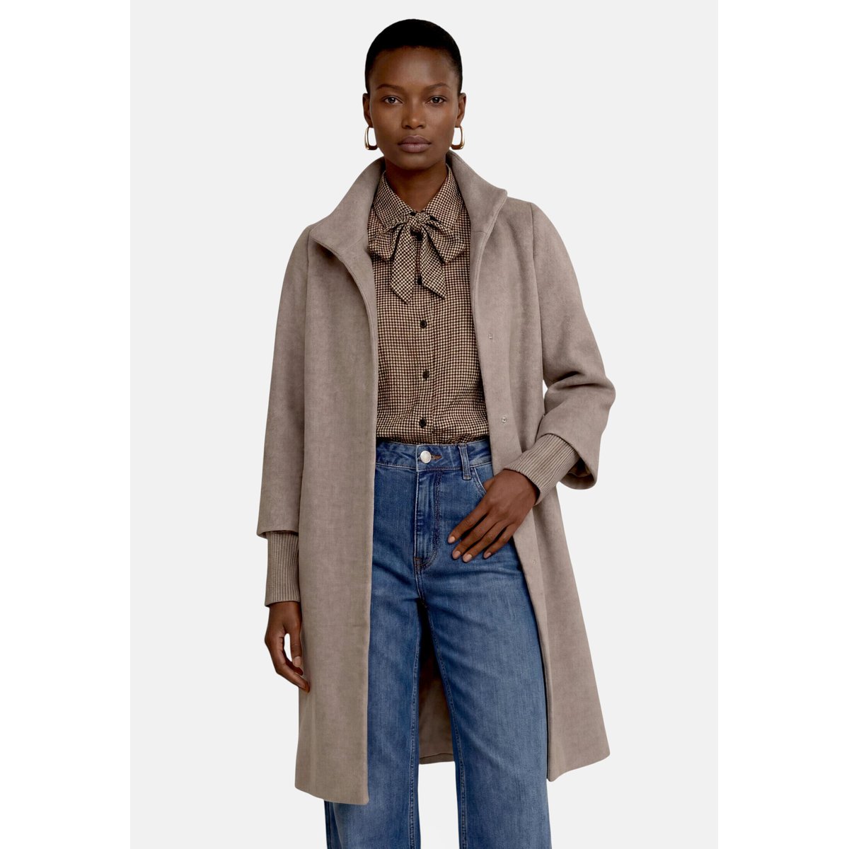 Manteau court à col droit taupe melange, ZERO