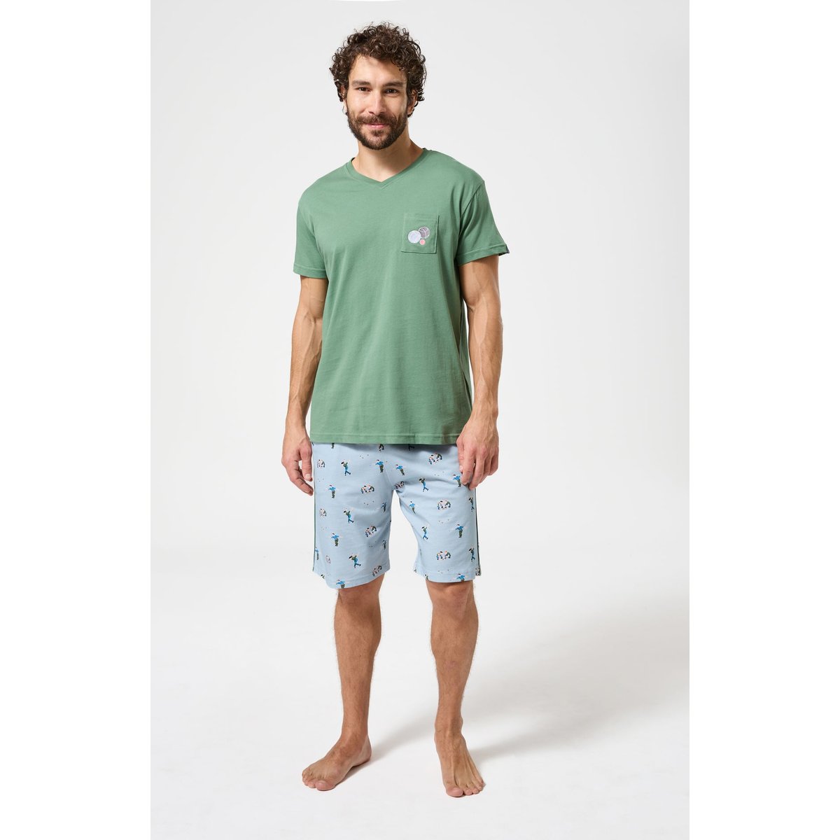 Pyjashort en coton imprimé Pétanque ciel, ARTHUR