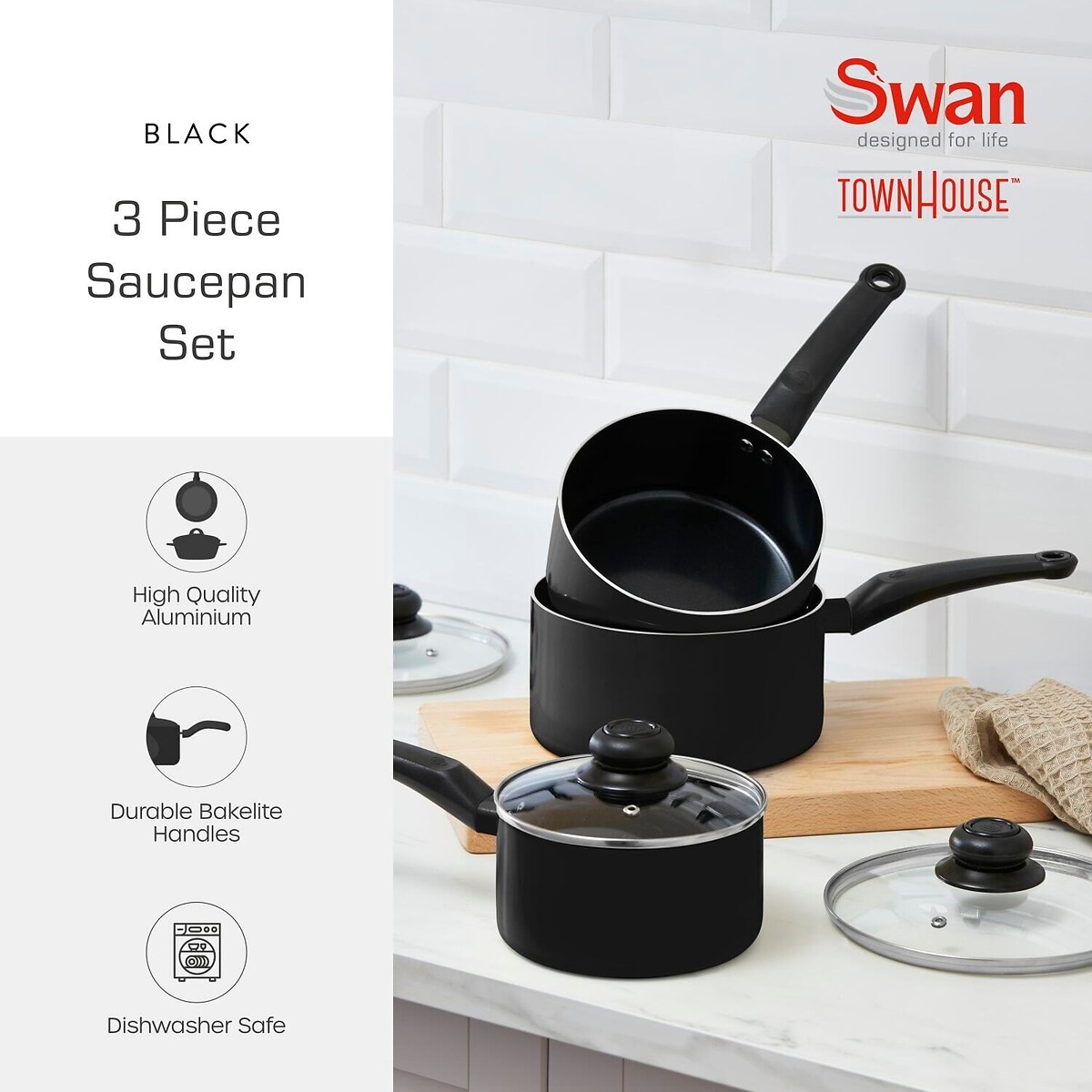 3-Piece Townhouse Saucepan Set black, SWAN