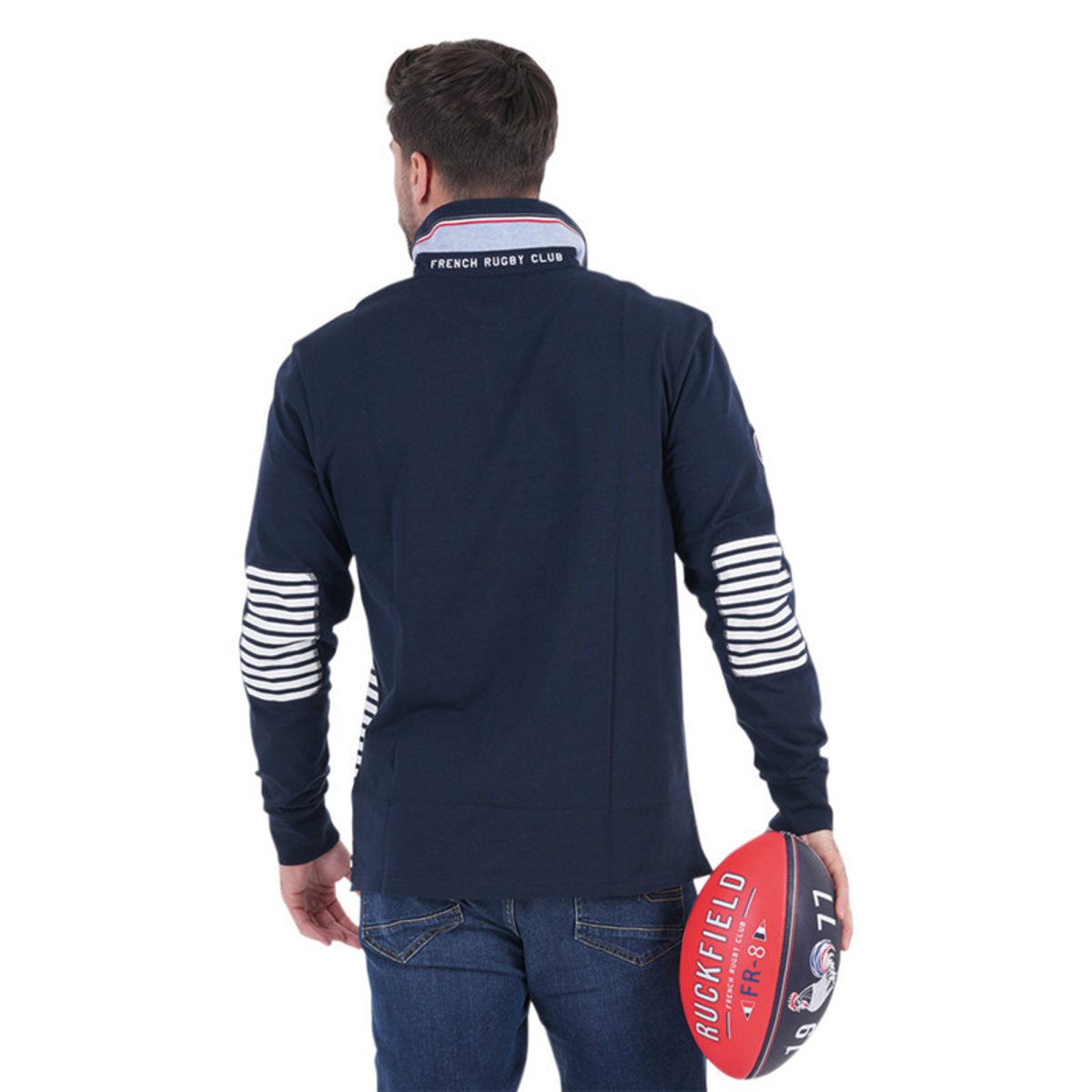 Polo en coton biologique marine rayé avec un col à revers et une coupe droite marine, RUCKFIELD