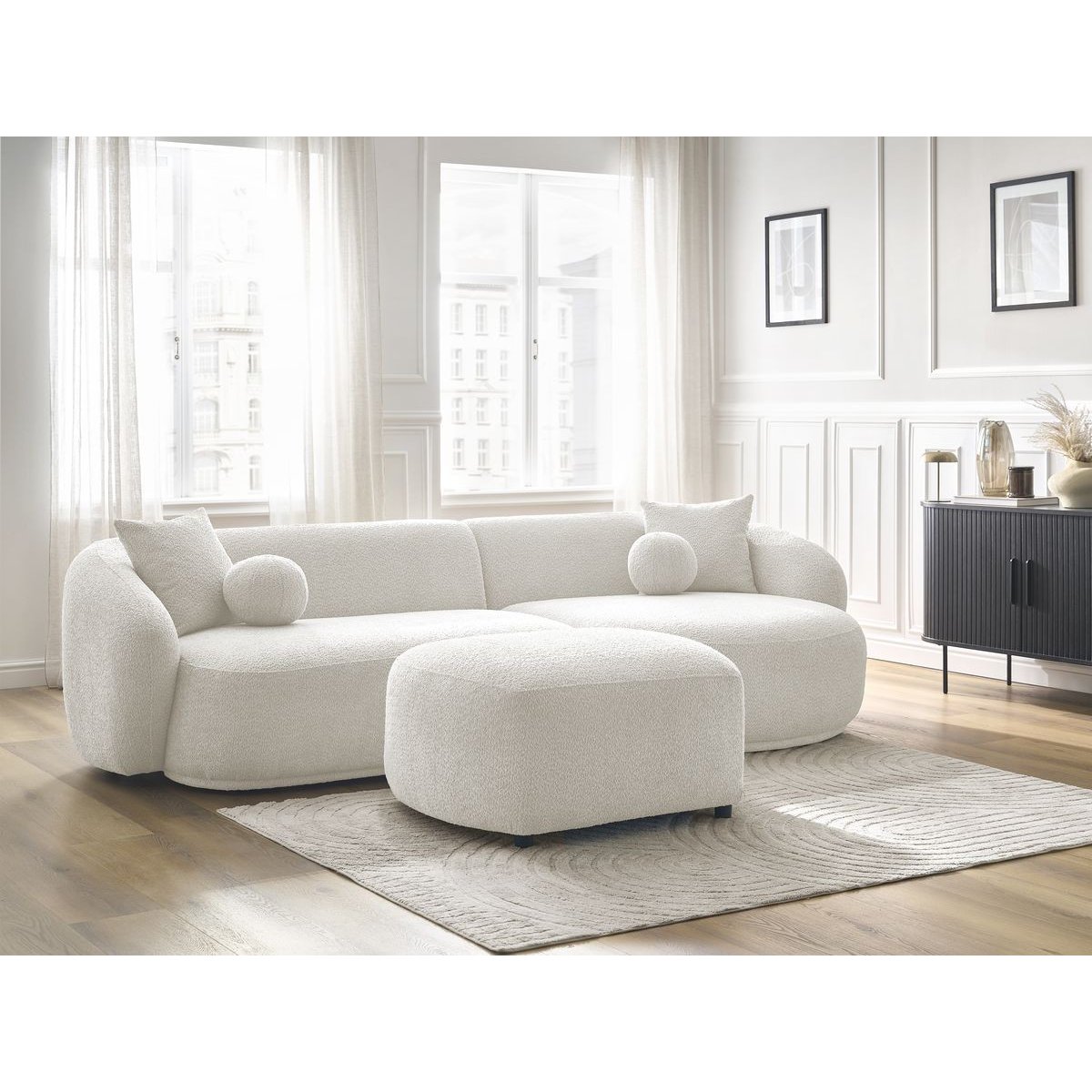 Canapé d'angle fixe 4 places en tissu bouclette avec pouf, ASHLEY blanc, BOBOCHIC