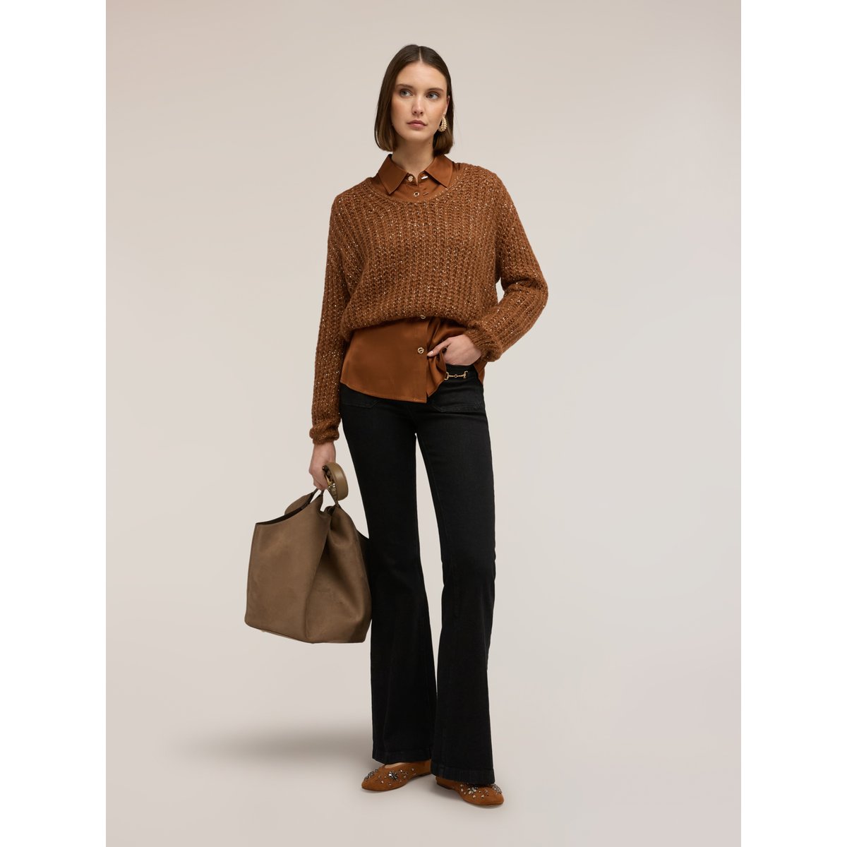 Maille à trame large avec paillettes marron, MOTIVI