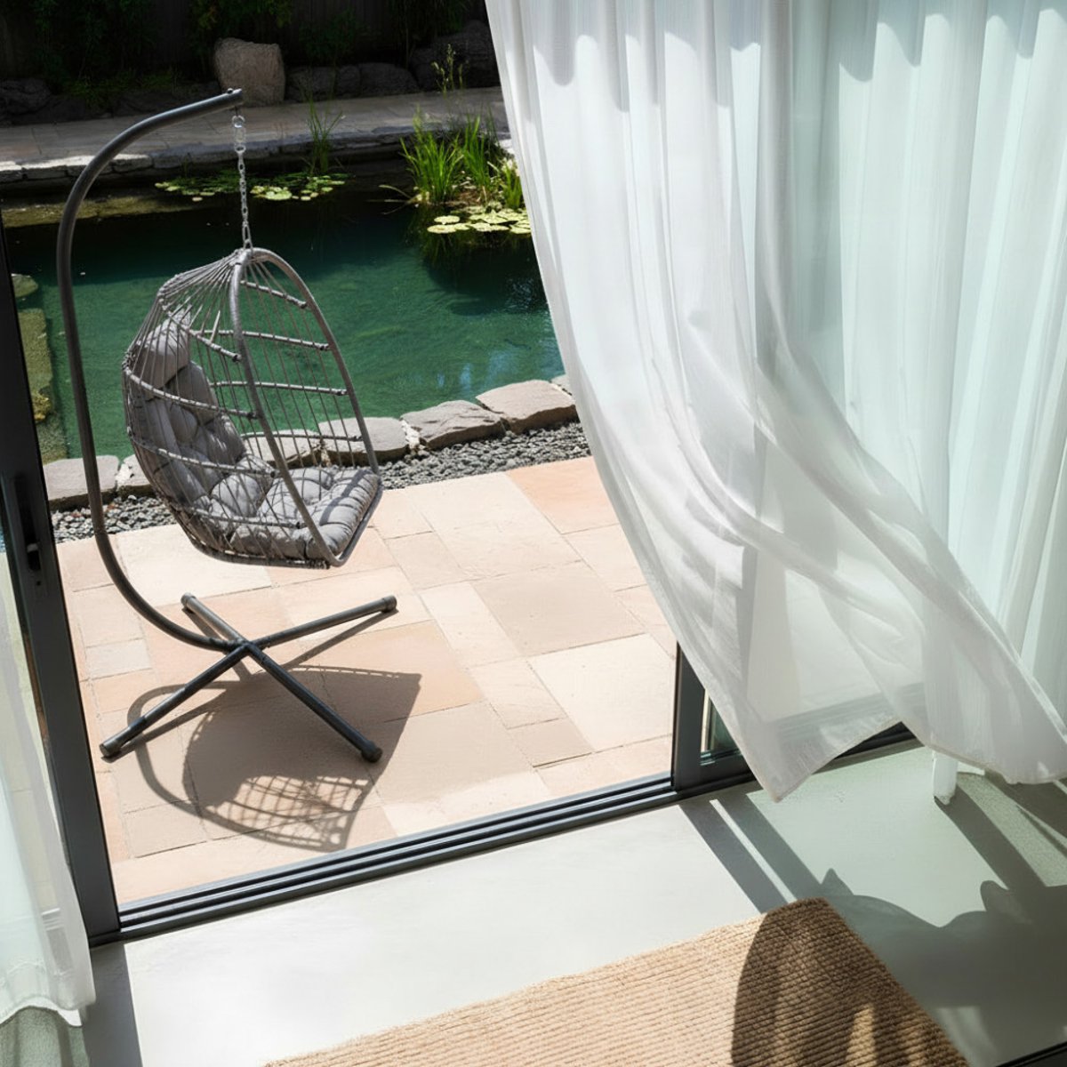 Fauteuil œuf suspendu de jardin en corde et métal- SULLY gris anthracite, DRAWER