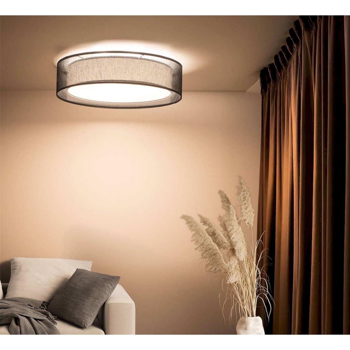 Plafonnier rond en tissu lumière douce Puro noir tissu semi transparent, BPS KONCEPT