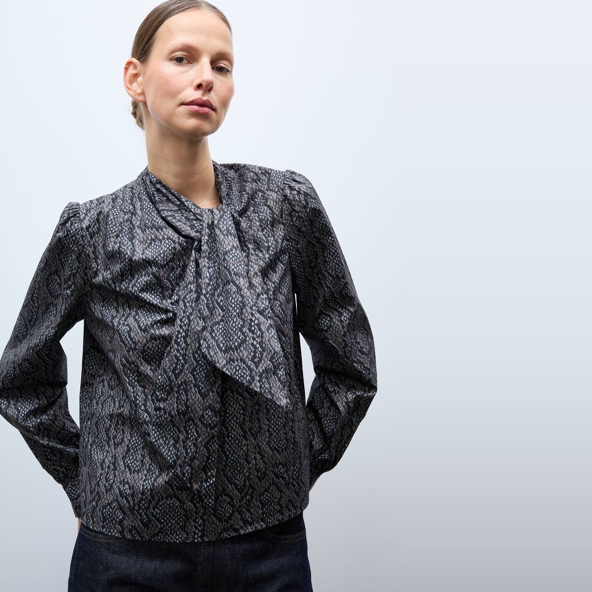 Blouse manches longue imprimée en coton BIO GOTS gris fonce anthracite, MONOPRIX