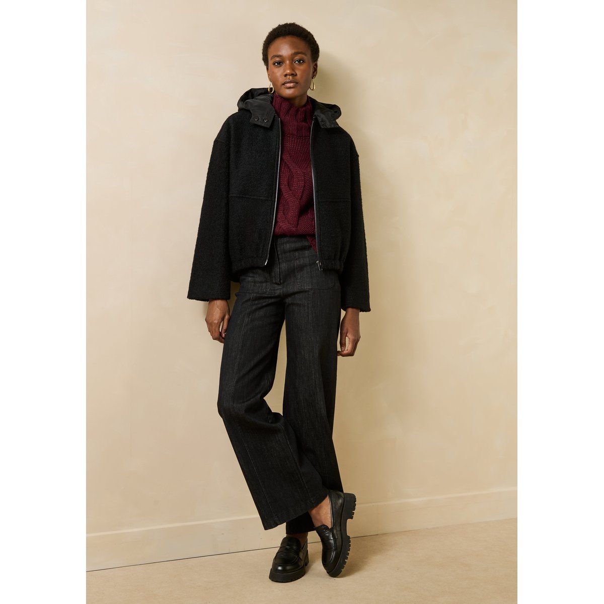 Blouson manches longues à capuche amovible noir, LA FEE MARABOUTEE