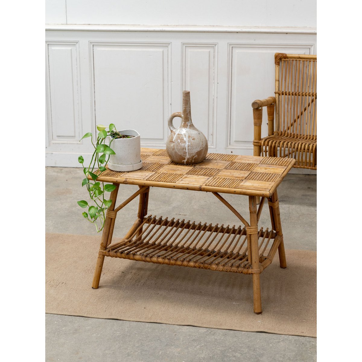 Table basse vintage en marqueterie de rotin Léonie N°1050 - Bon état naturel, DEBONGOUT
