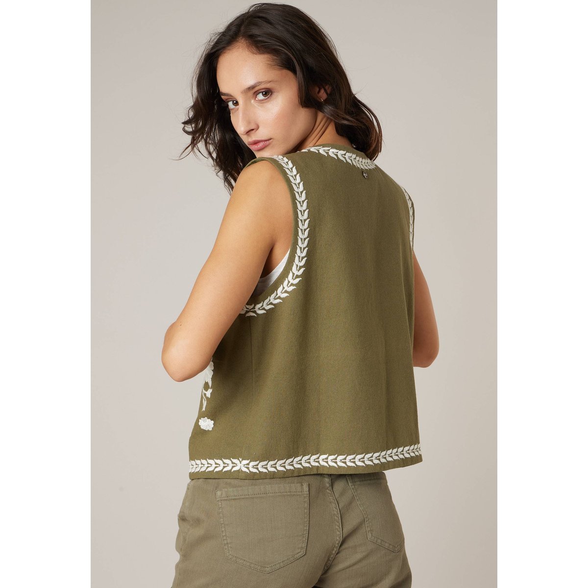 Gilet sans manches femme bohème 100% coton FLORIA khaki, DEELUXE