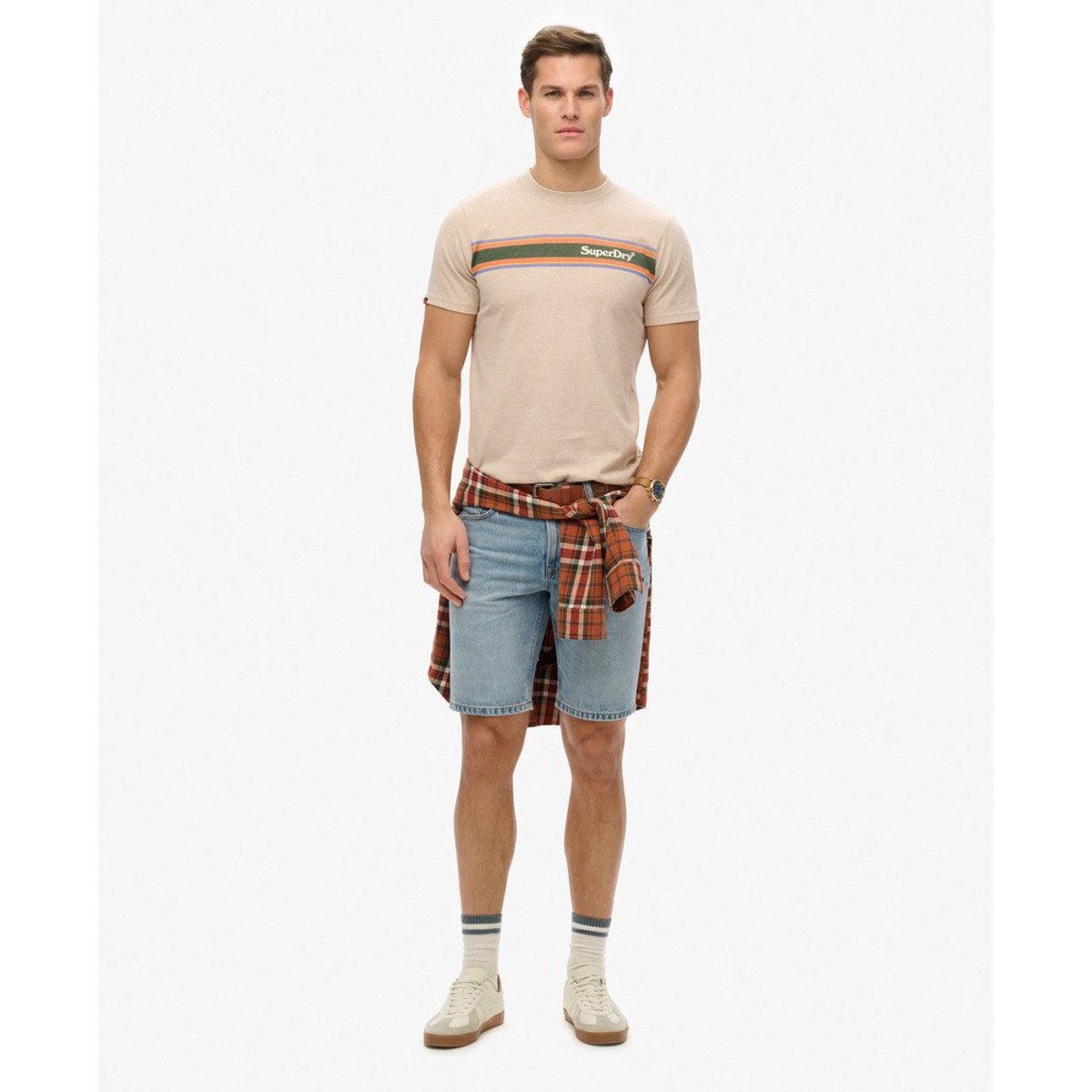 T-shirt décontracté à rayures et logo Venue beige lavin chiné, SUPERDRY