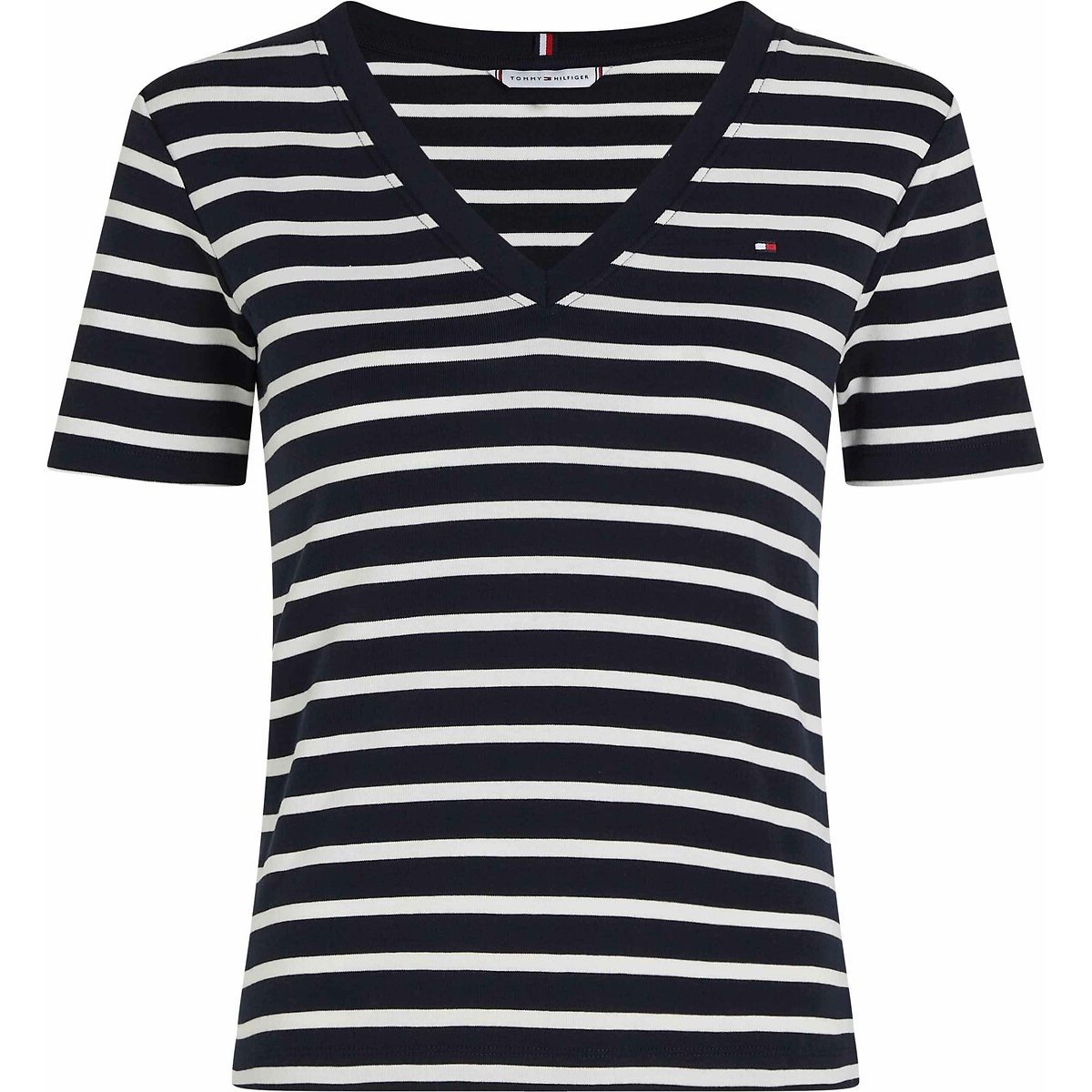 Cotton V-Neck T-Shirt with Short Sleeves navy striped, TOMMY HILFIGER