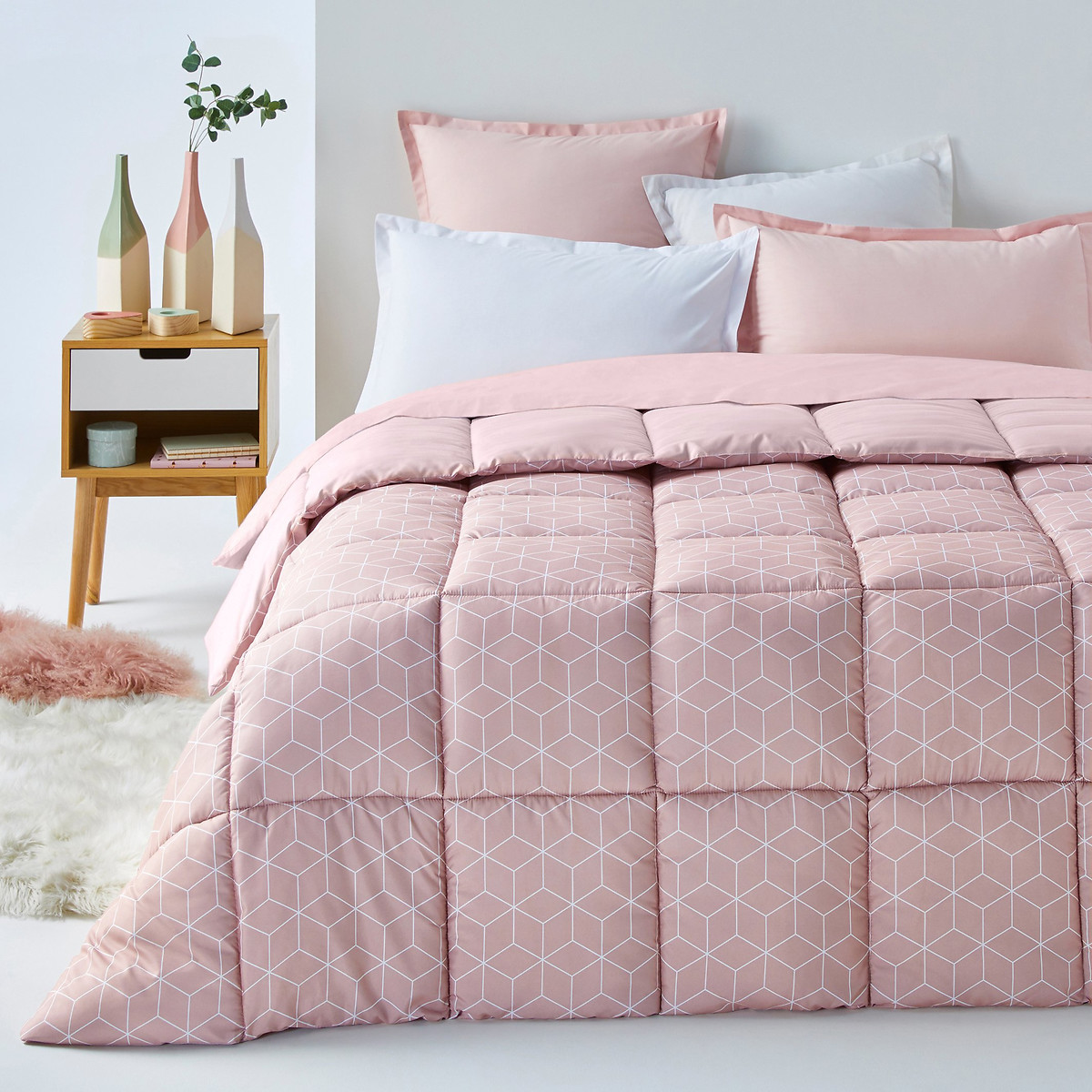 Couette imprimée microfibre, Decio rose poudré/blanc, SO'HOME