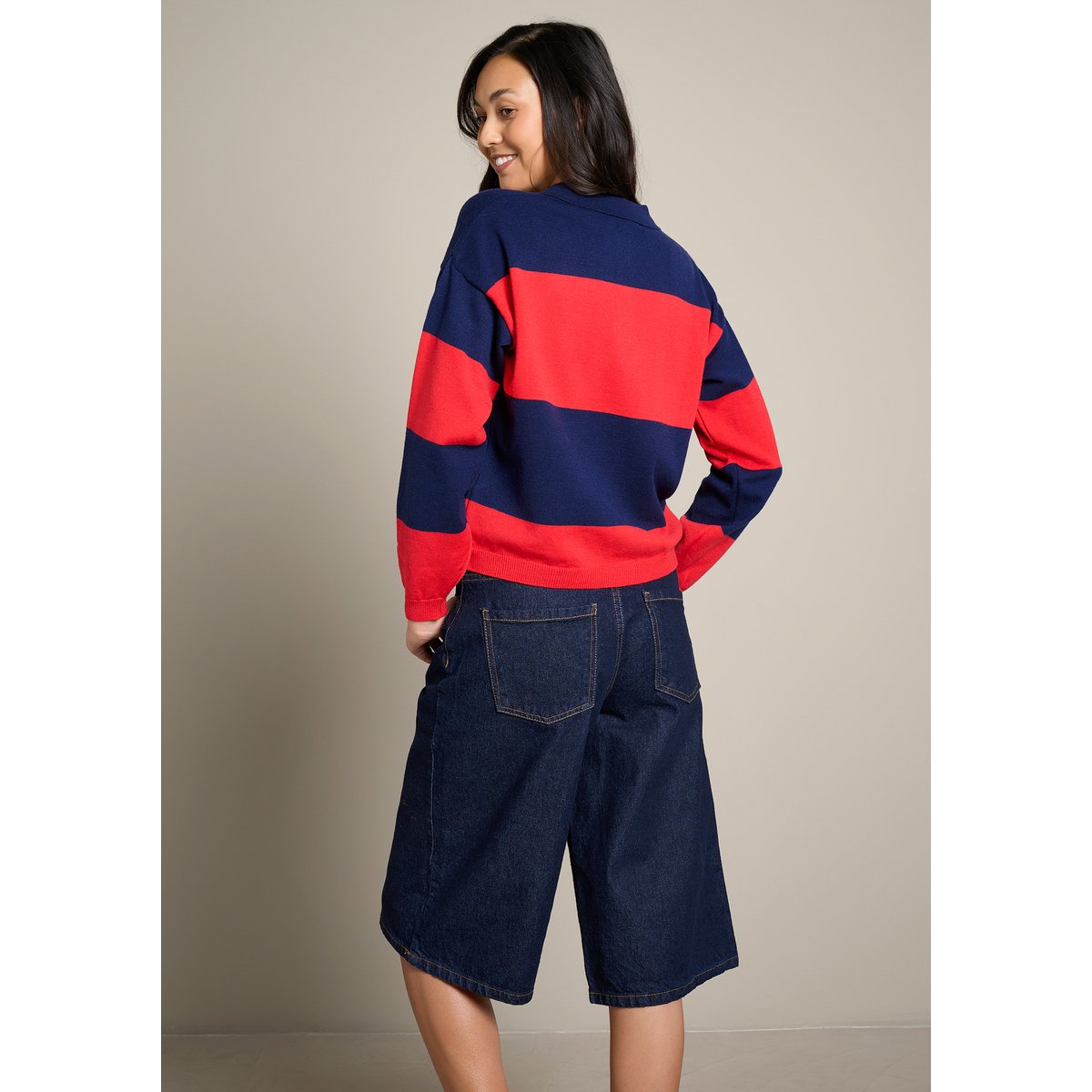 Pull rayé col polo à bouton bleu marine, LOLALIZA