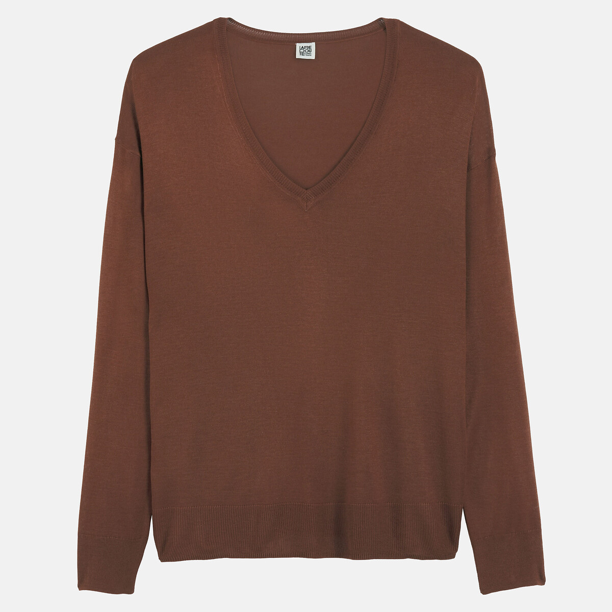Jersey de cuello de pico, de punto fino marrón, LA REDOUTE COLLECTIONS