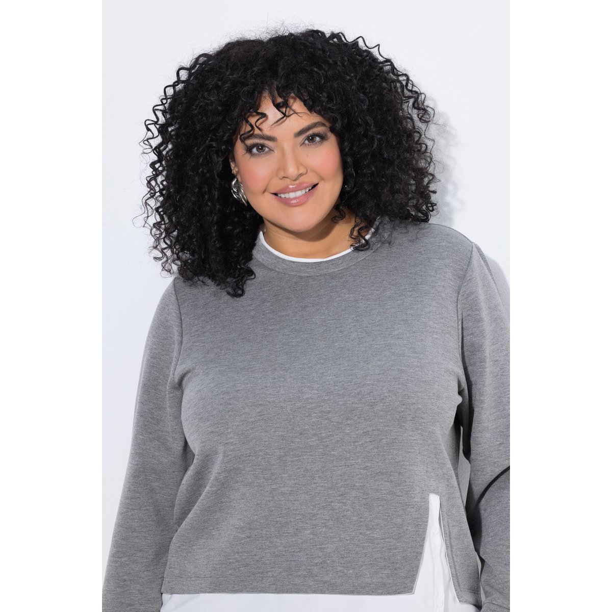 Sweat-shirt avec empiècement chemisier chiné gris moyen, ULLA POPKEN