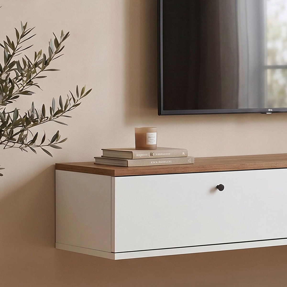 Meuble tv suspendu 2 portes plateau bois foncé L160cm- YARA blanc, DRAWER