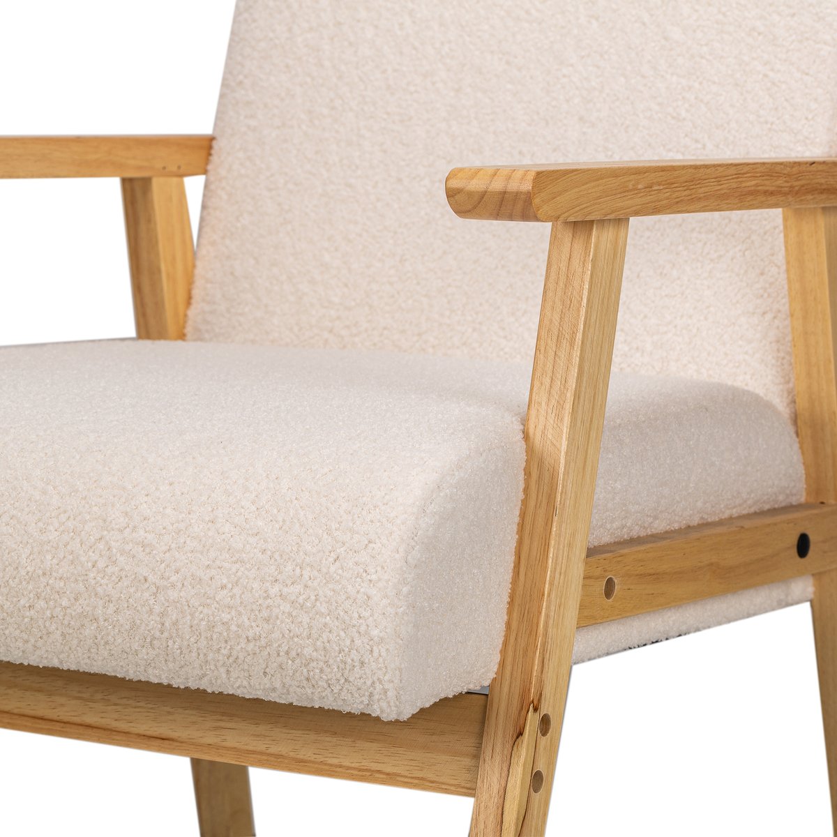 Fauteuil de salon en bois et bouclette, LOUIS blanc cassé, NORDLYS