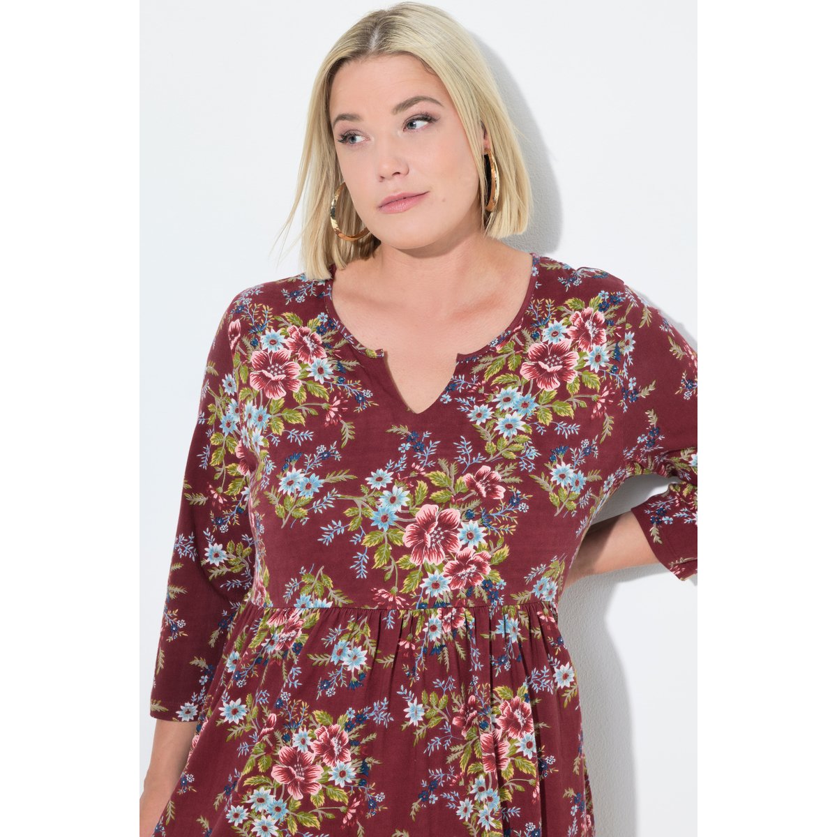 Robe maxi en jersey motif floral bordeaux, ULLA POPKEN