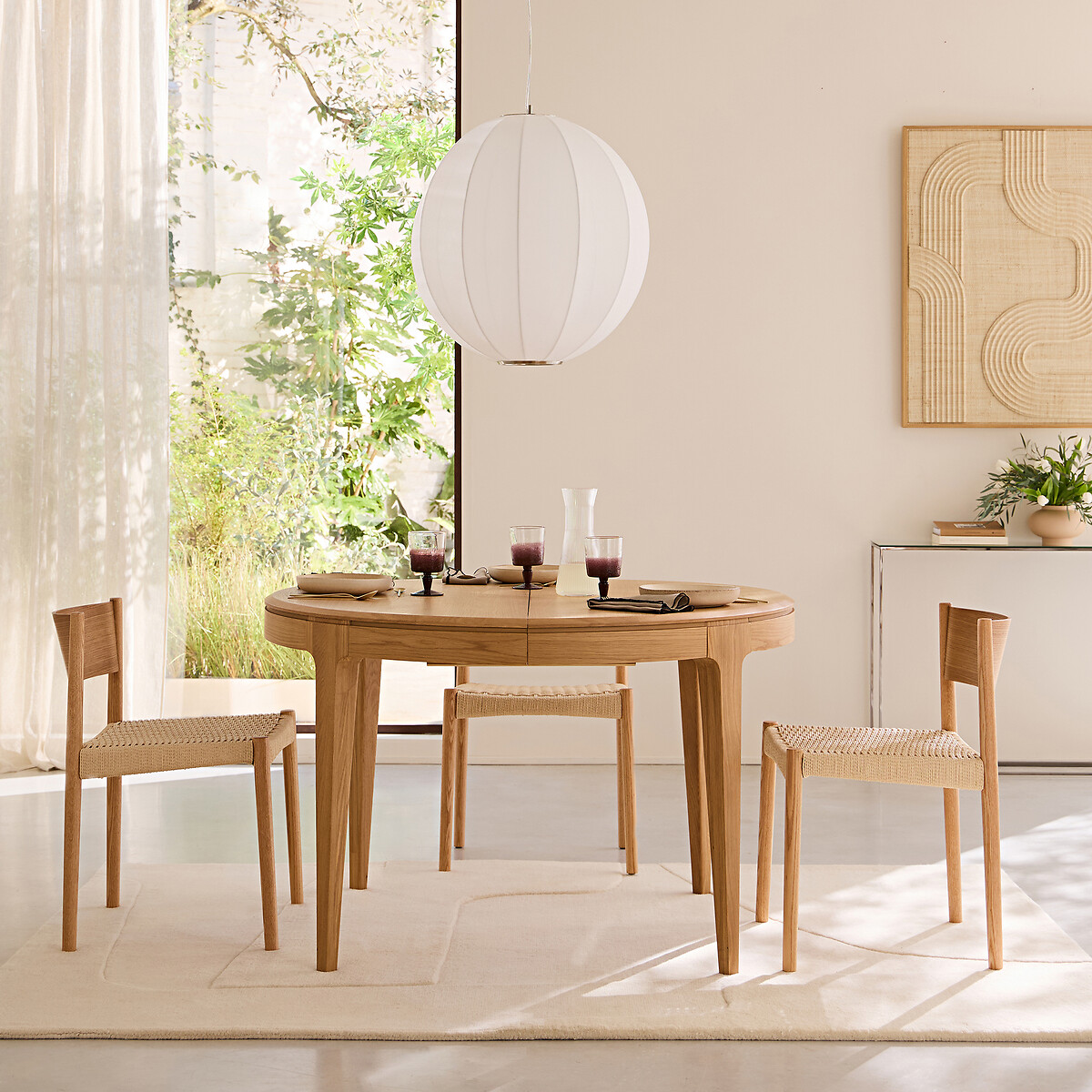 Table ronde extensible chêne massif et plaqué, 4/8 couverts, SANARA chêne naturel, AM.PM