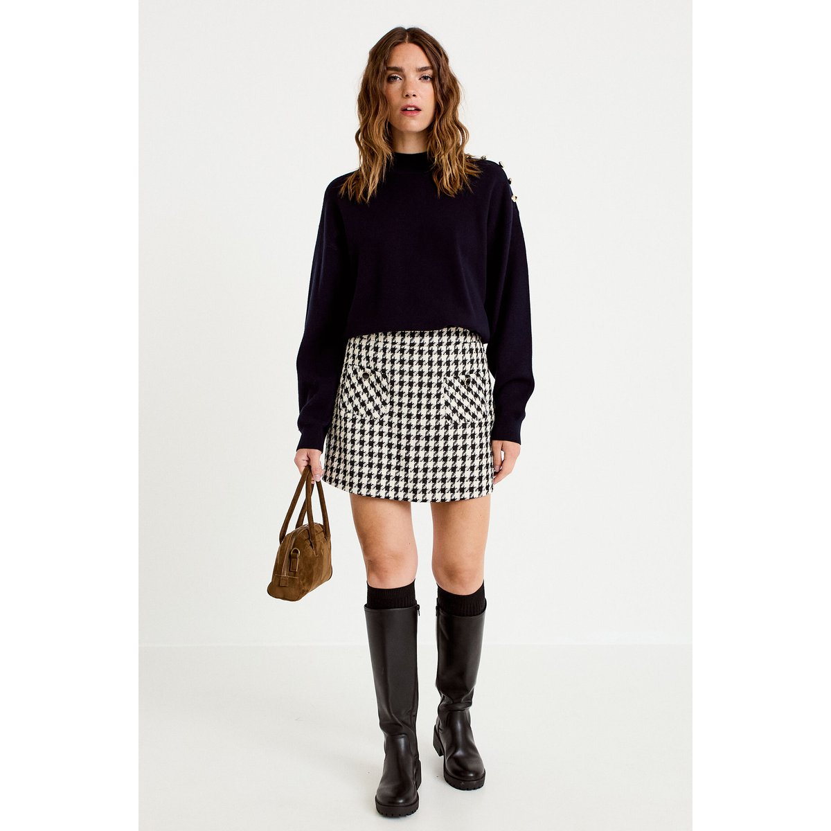 Jupe-short trapèze tweed taille haute noir, CACHE CACHE