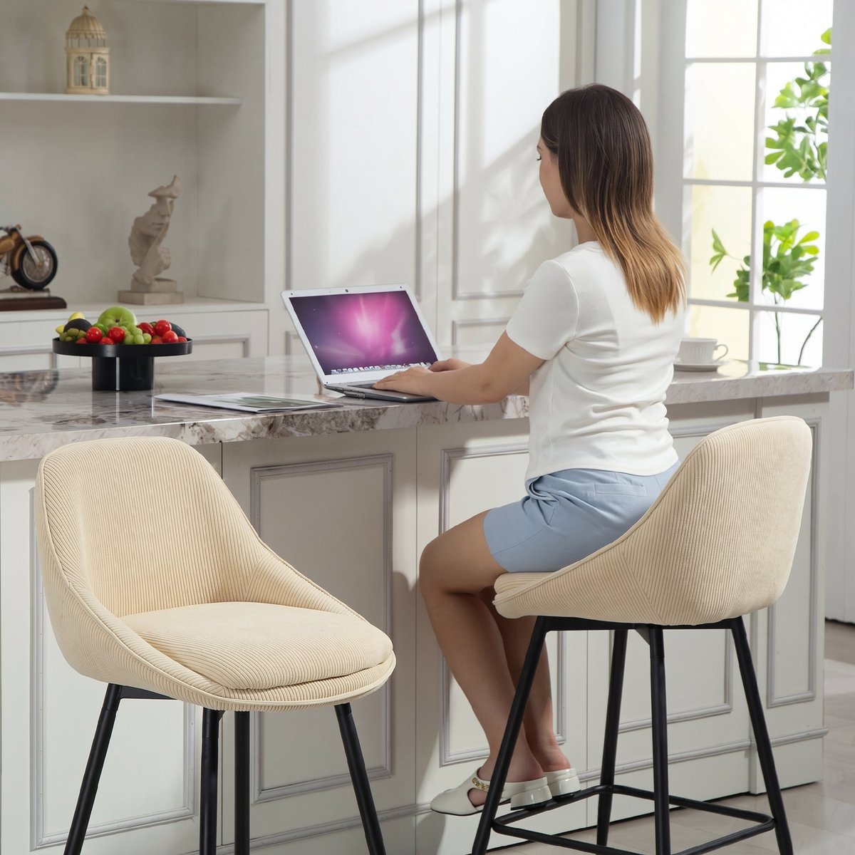 Tabouret de bar Velours côtelé Beige beige, HOMCOM