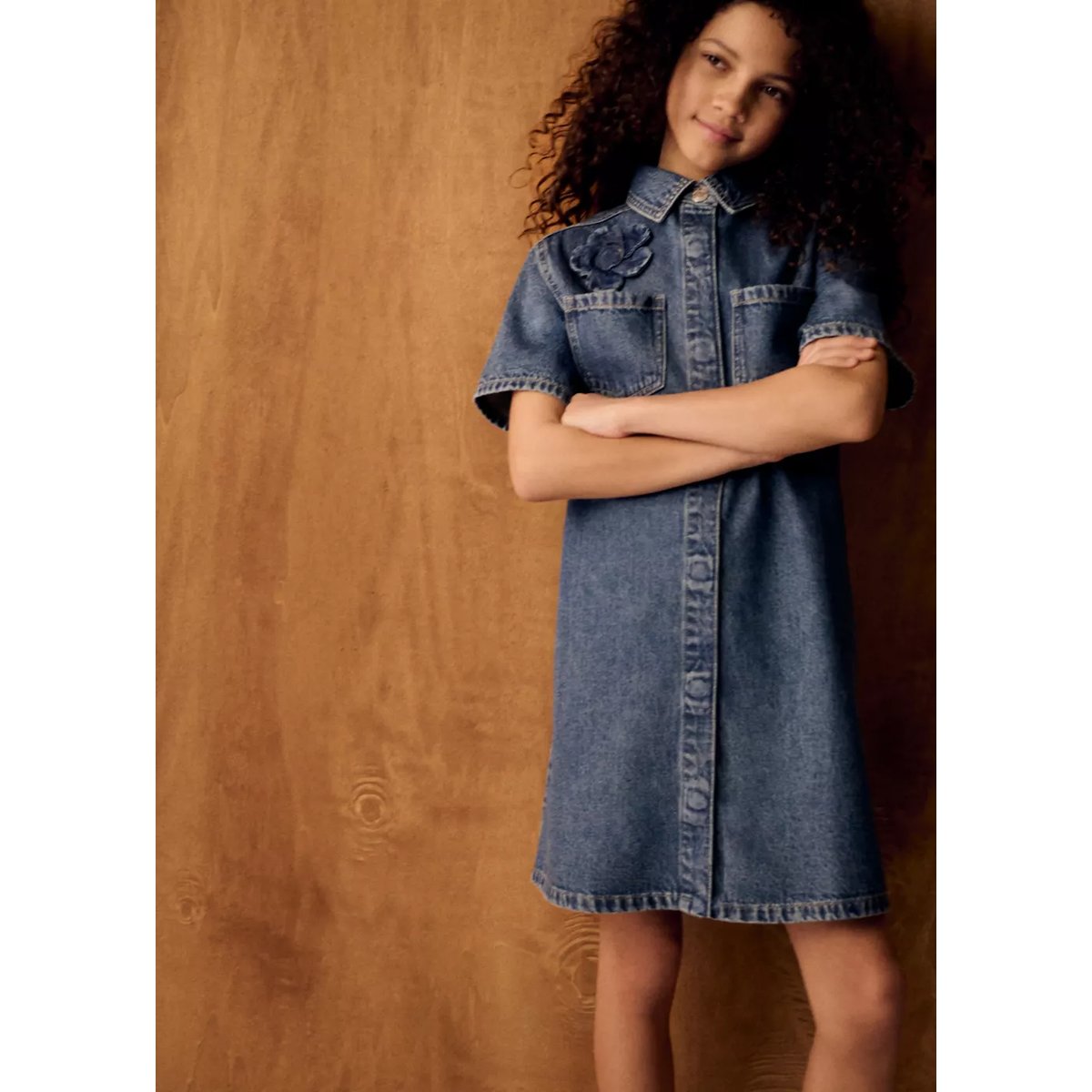 Robe en jean détail fleur bleu moyen, MANGO KIDS