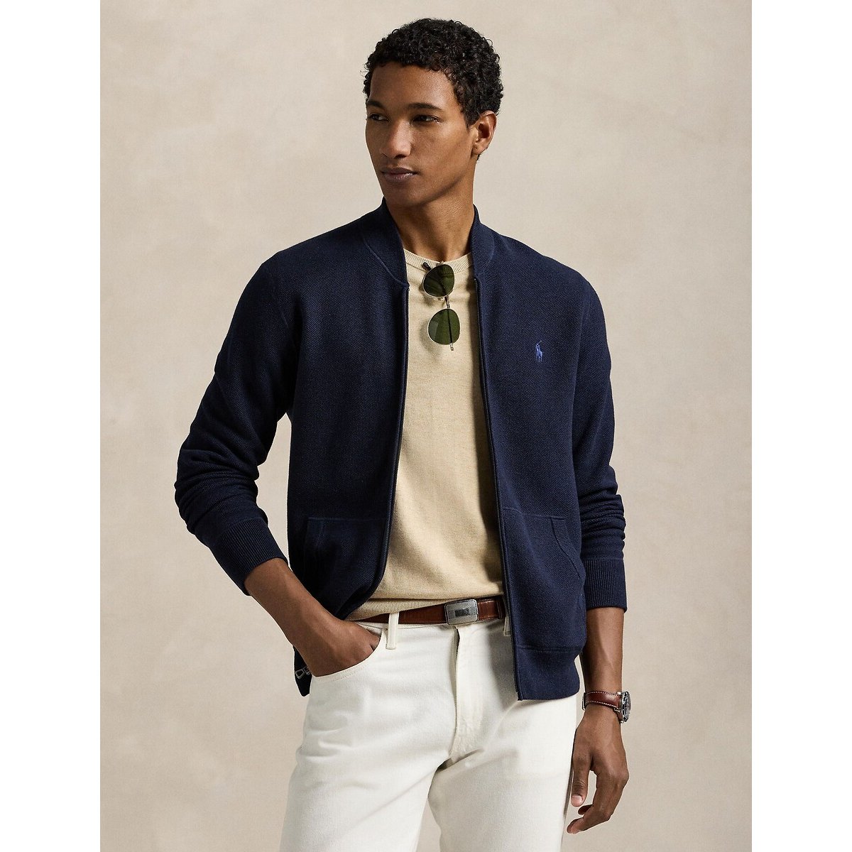 Gilet zippé, en coton piqué, Regular Fit marine chiné, POLO RALPH LAUREN