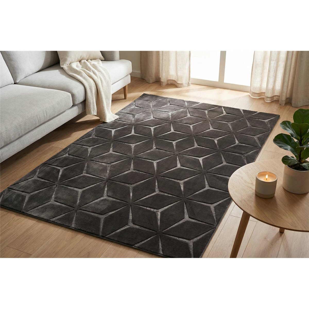 Tapis géométrique motif diamant en relief 3d anthracite, ARTE ESPINA