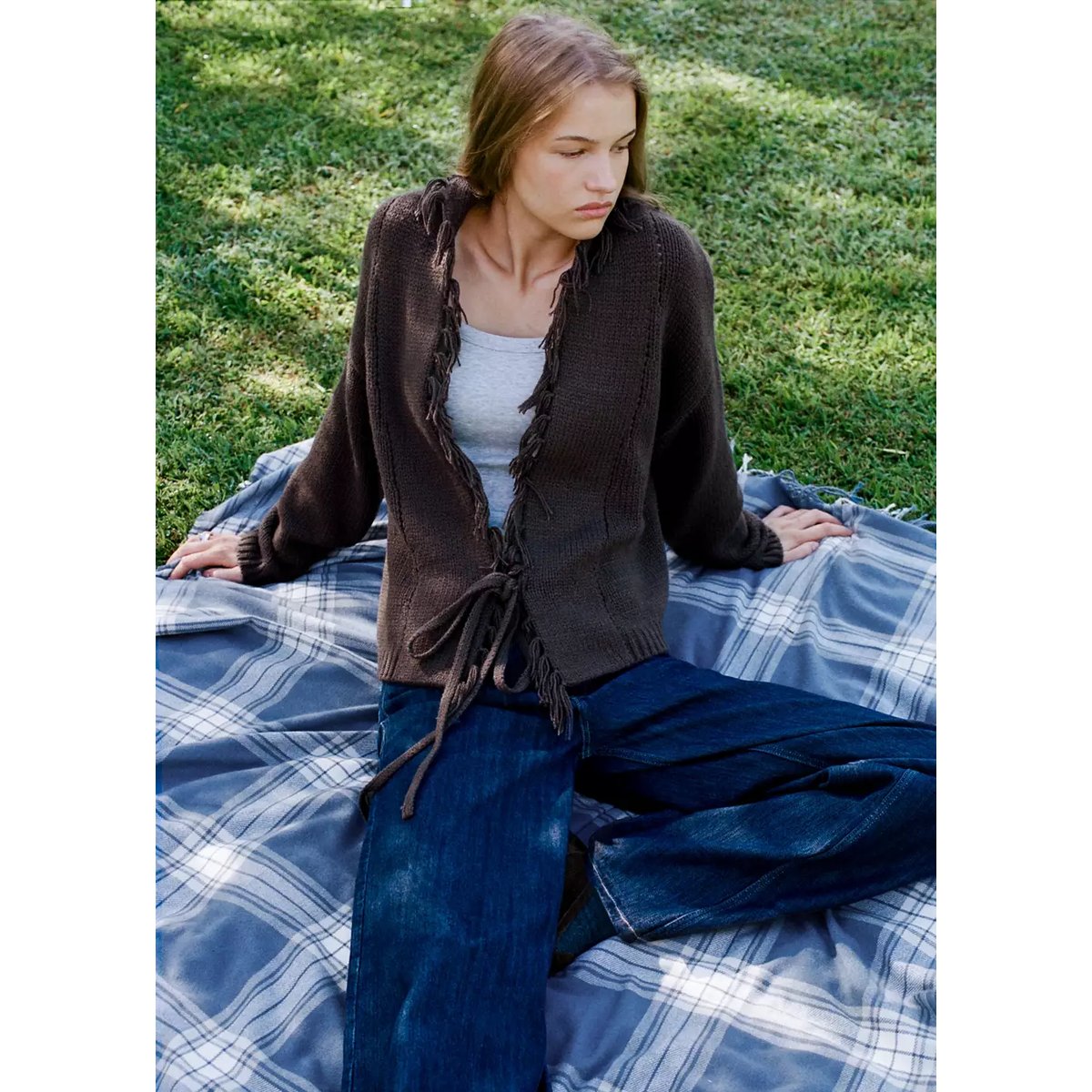 Cardigan croisé en maille à franges marron, MANGO TEEN