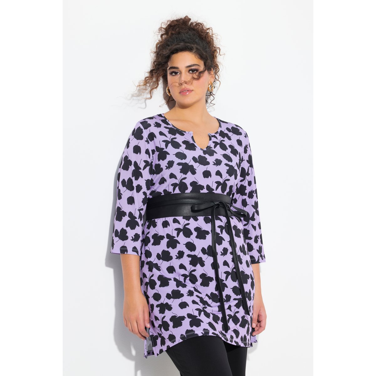 T-shirt long, col tunisien et manches 3/4 lavande, ULLA POPKEN