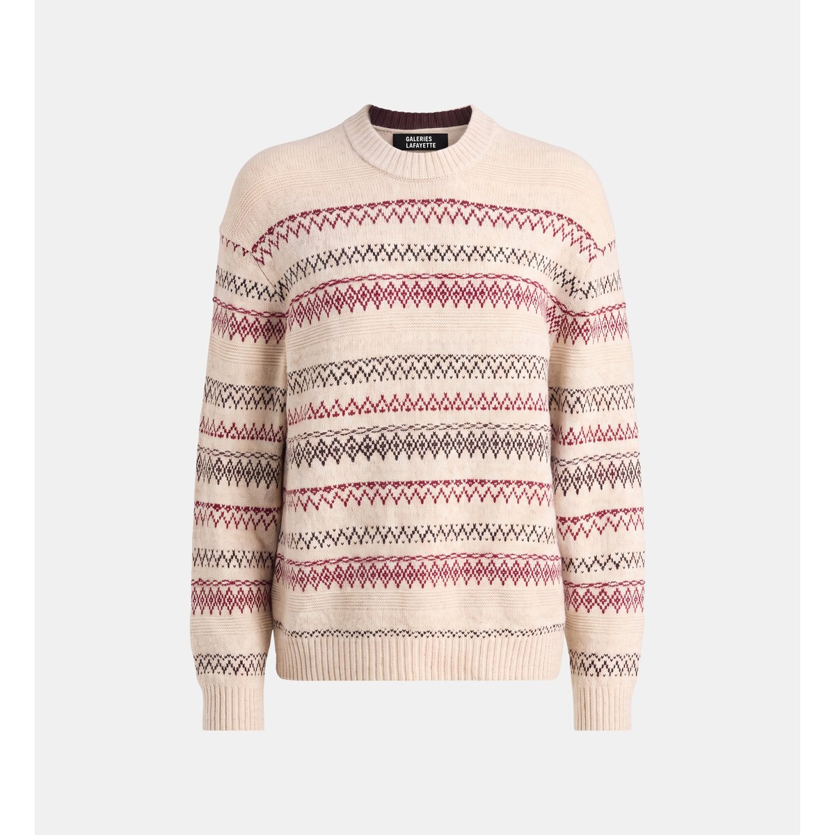 Pull takard en laine et nylon à jacquard beige et rouge, GALERIES LAFAYETTE