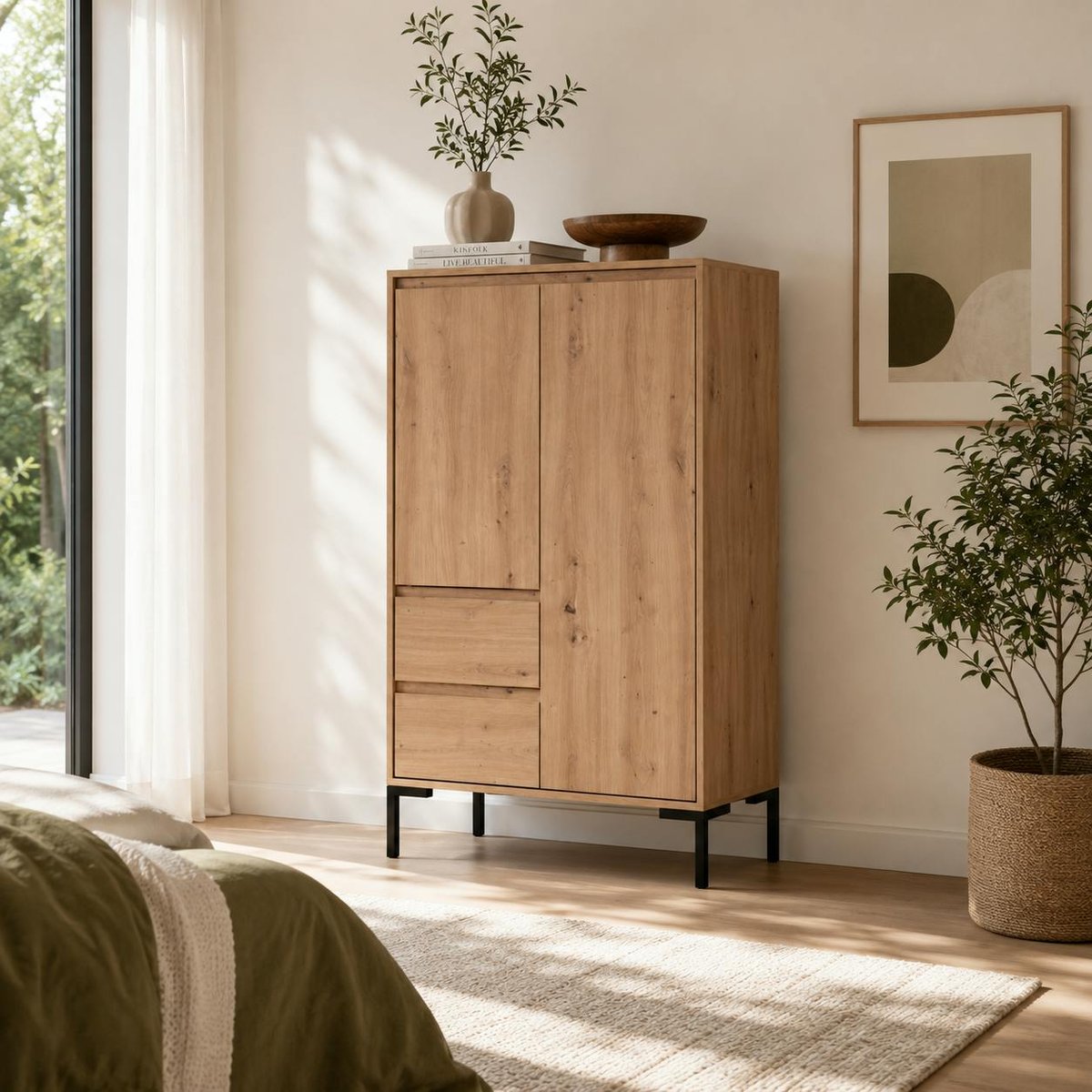 Buffet haut décor bois 2 portes 2 tiroirs KARVI bois naturel, PIER IMPORT