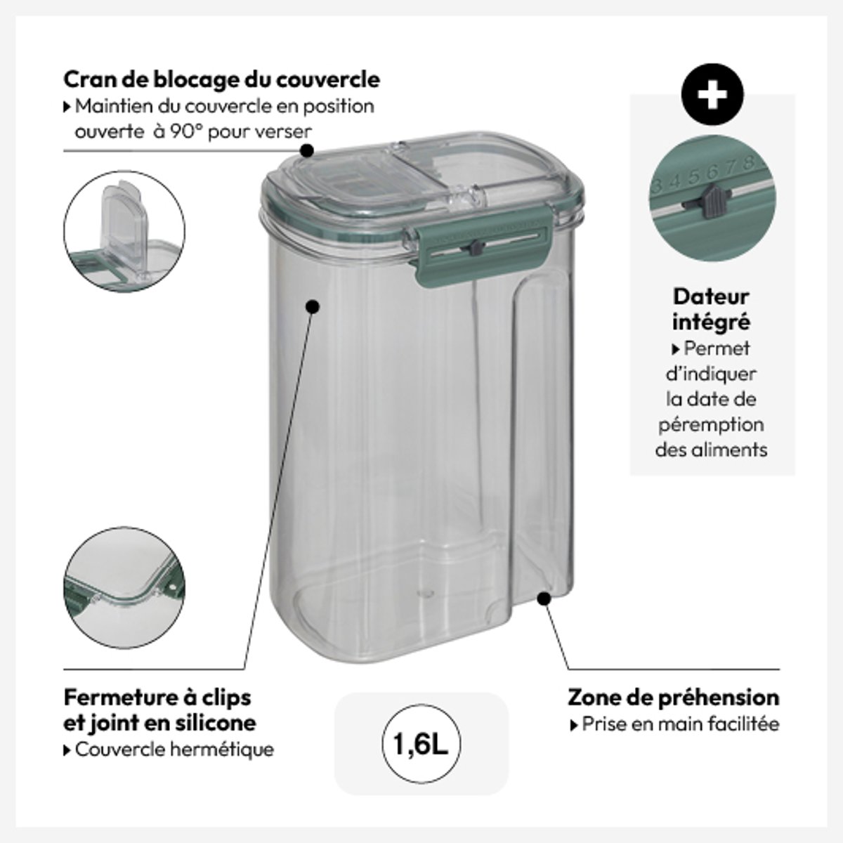 Boîte de conservation 1,6L hermétique avec bec verseur NEO transparent, 5FIVE SIMPLY SMART