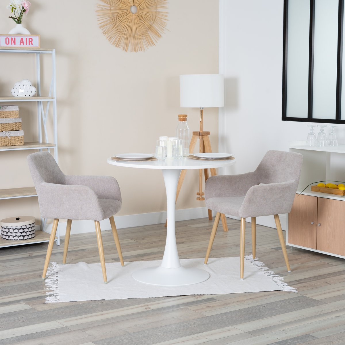 Ensemble de table à manger ronde avec 2 chaises, CLIFTWHITESET blanc et beige, MEUBLES COSY