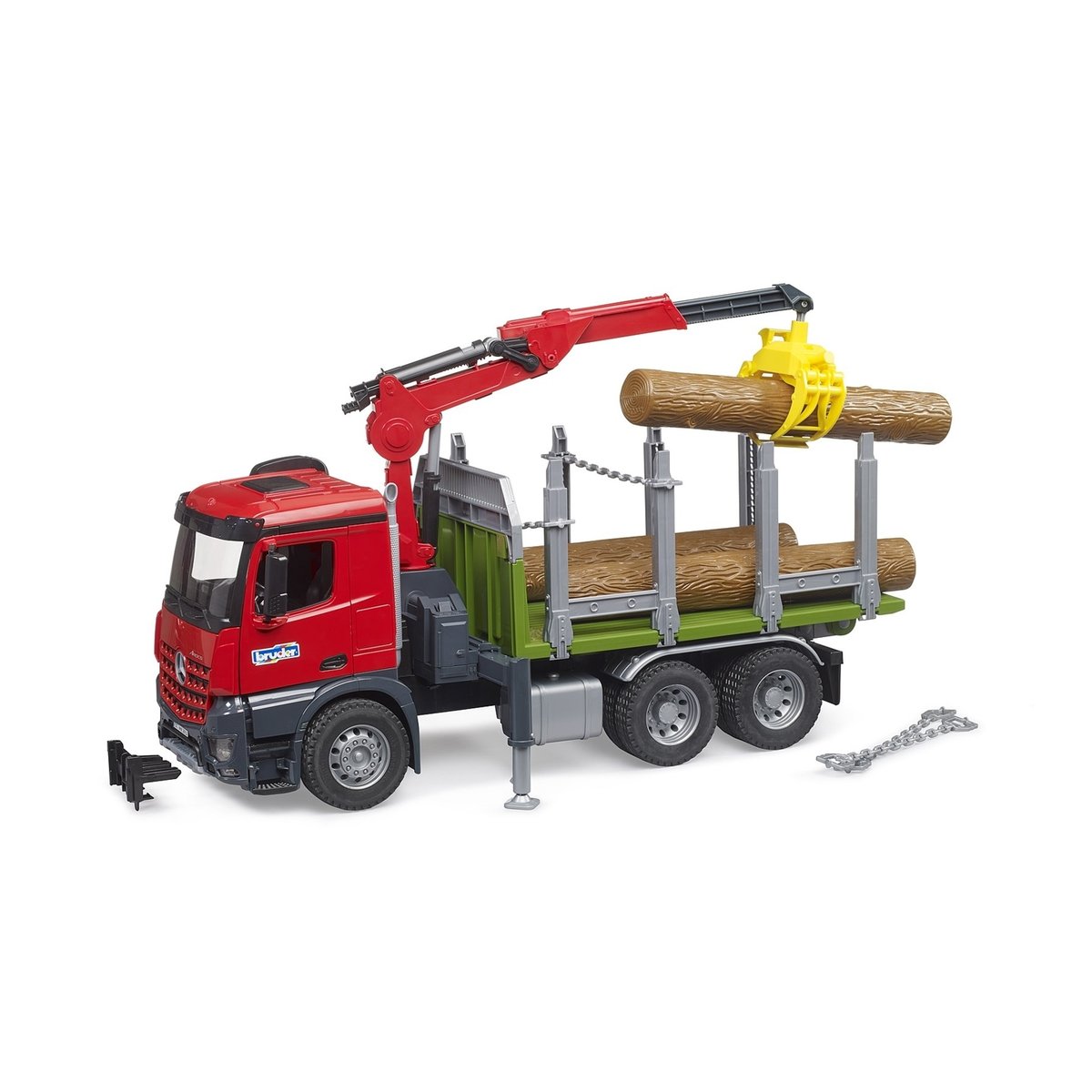 Camion de transport de bois MB Arocs avec grue de chargement, grappin et 3 troncs d'arbre multicolore, BRUDER
