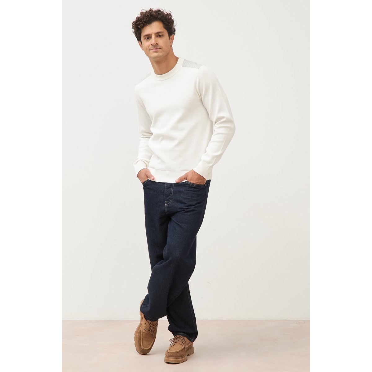 Pull droit fin col rond manches longues ecru, BONOBO