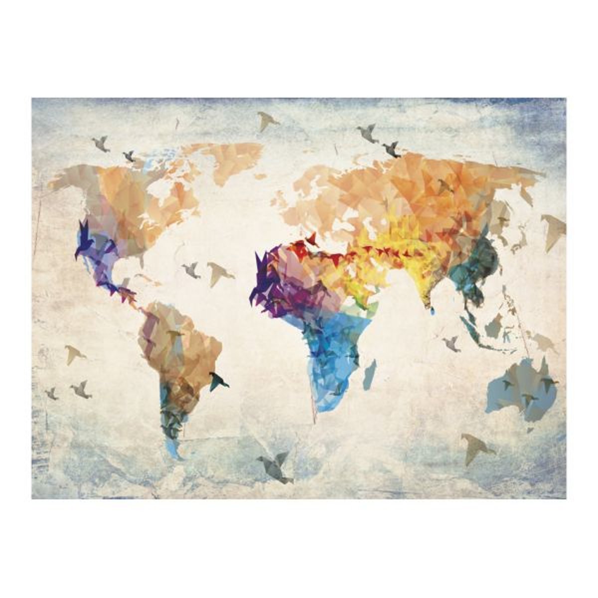 Papier peint intissé panoramique Carte du monde Paper birds multicouleur, EDEN