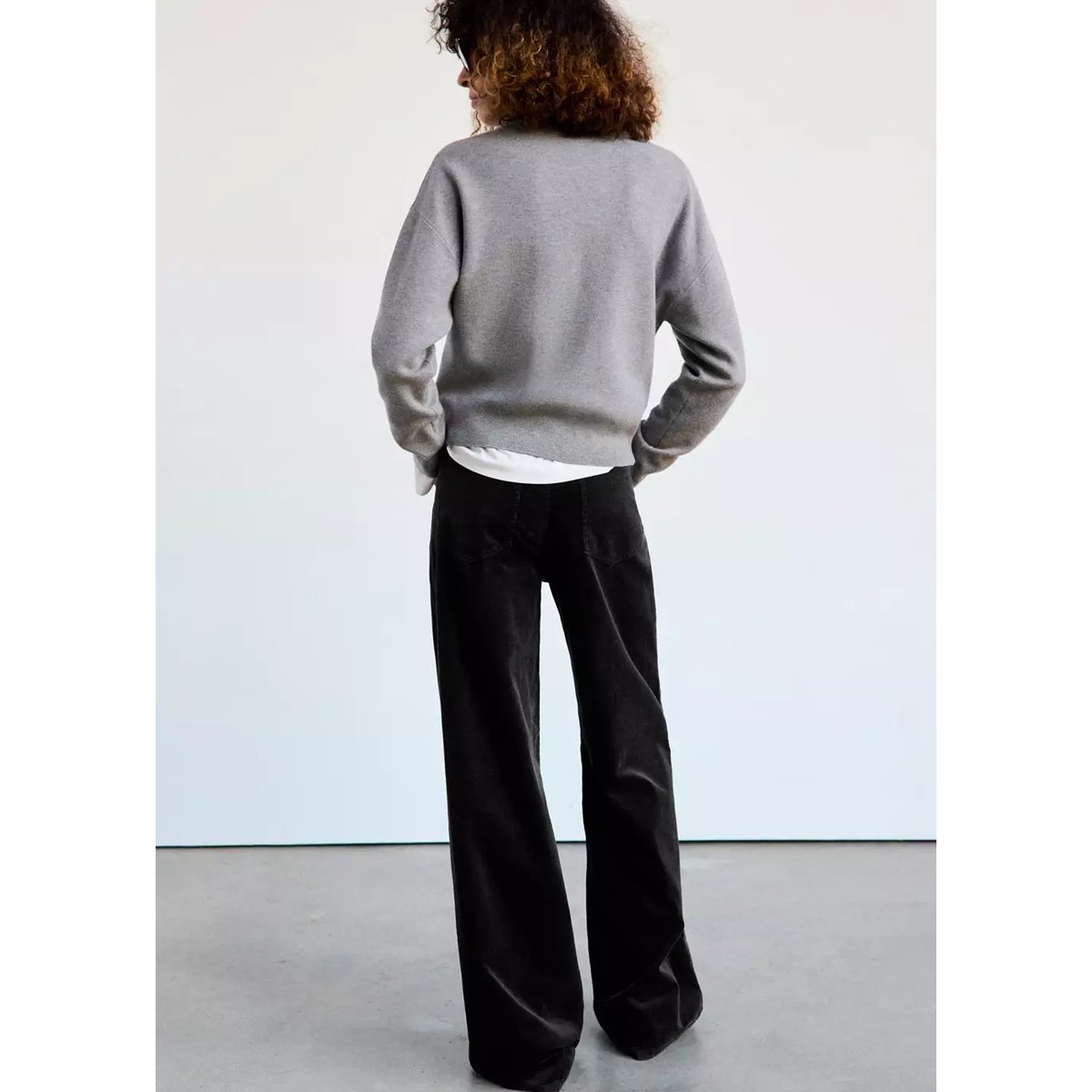 Pantalon en velours côtelé wide-leg noir, MANGO