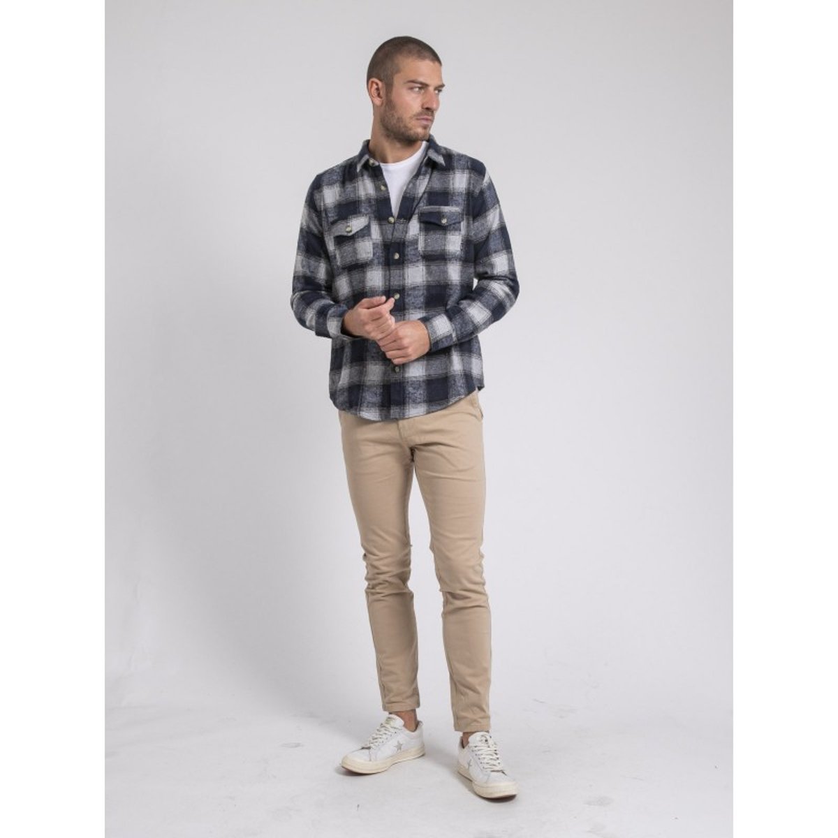 Chemise Manches Longues Carreaux Pur Coton Flanelle Telorok bleu marine, RITCHIE