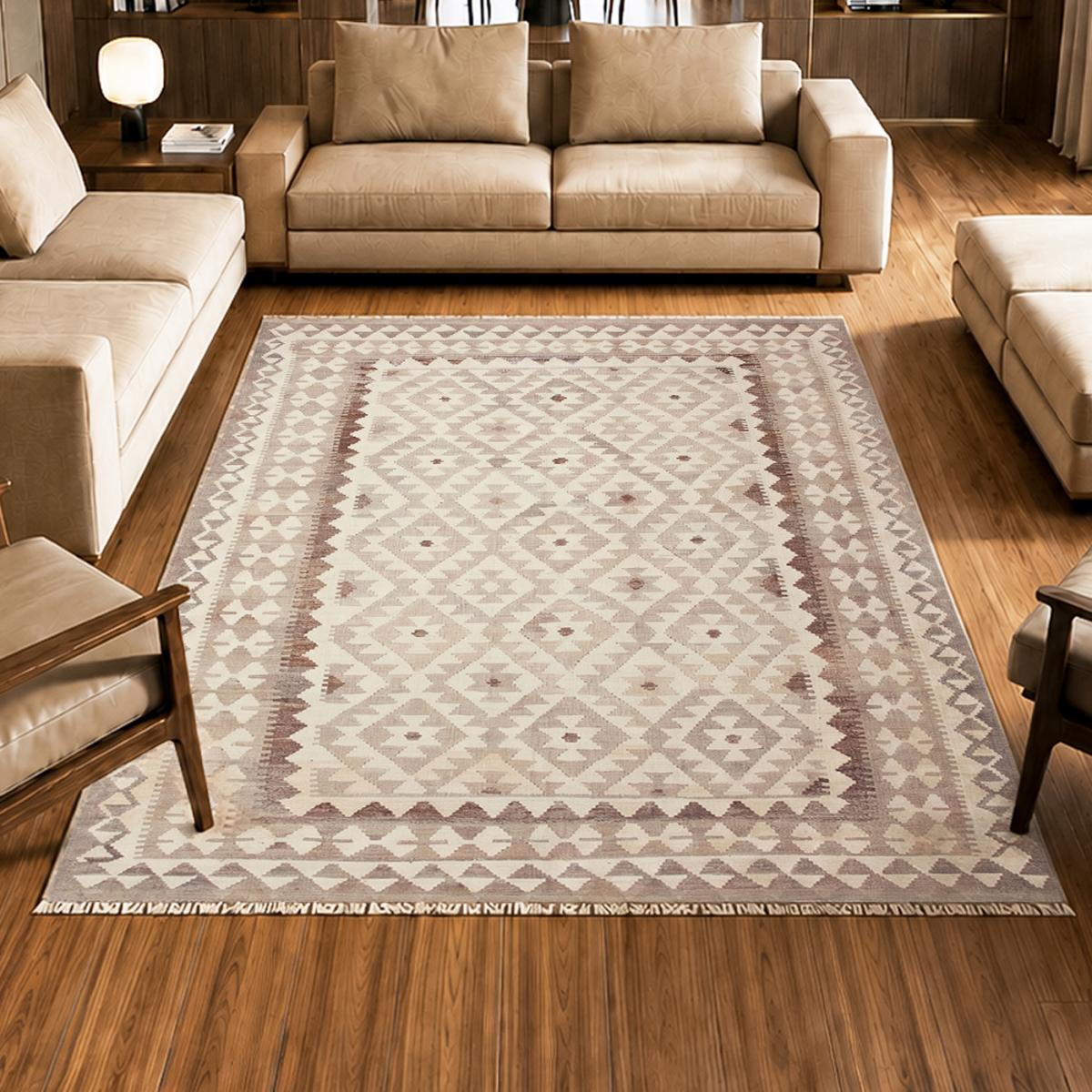 Tapis d'orient, motif géométrique artisanal, tissé à plat, KILIM 5 beige, crème, marron, UN AMOUR DE TAPIS