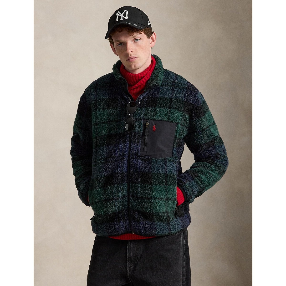 Sweat polaire, col montant, vintage carreaux vert/marine, POLO RALPH LAUREN