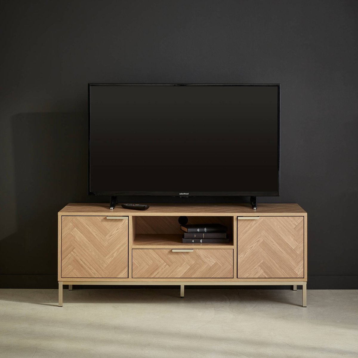 Meuble TV décor chevrons effet bois 2 portes 1 tiroir 120cm BUDAPEST naturel, SWEEEK