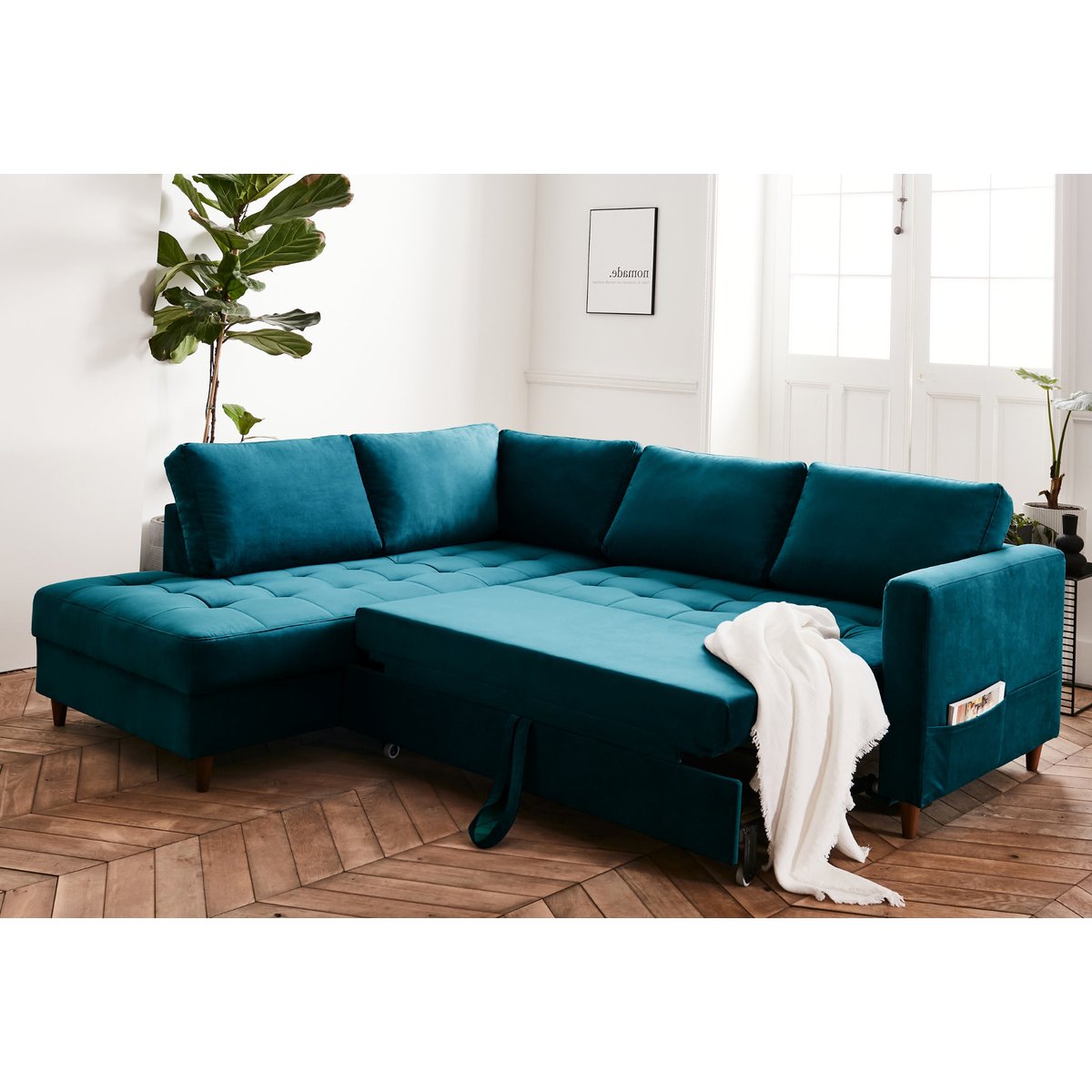 Canapé d'Angle Convertible 5 places - ANNA bleu canard, BEST MOBILIER