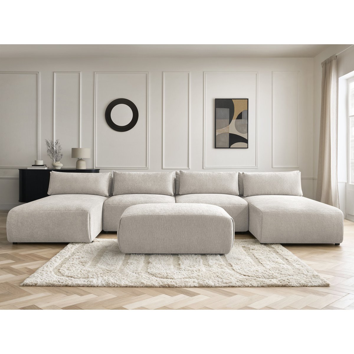 Canapé modulable 5 places en tissu texturé, JANA beige, BOBOCHIC