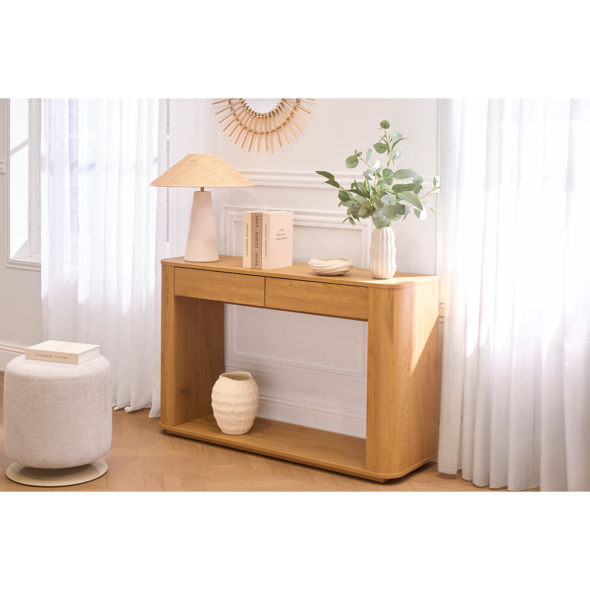 Console finition bois clair chêne 2 tiroirs L120 cm NEGAN chêne clair, MILIBOO