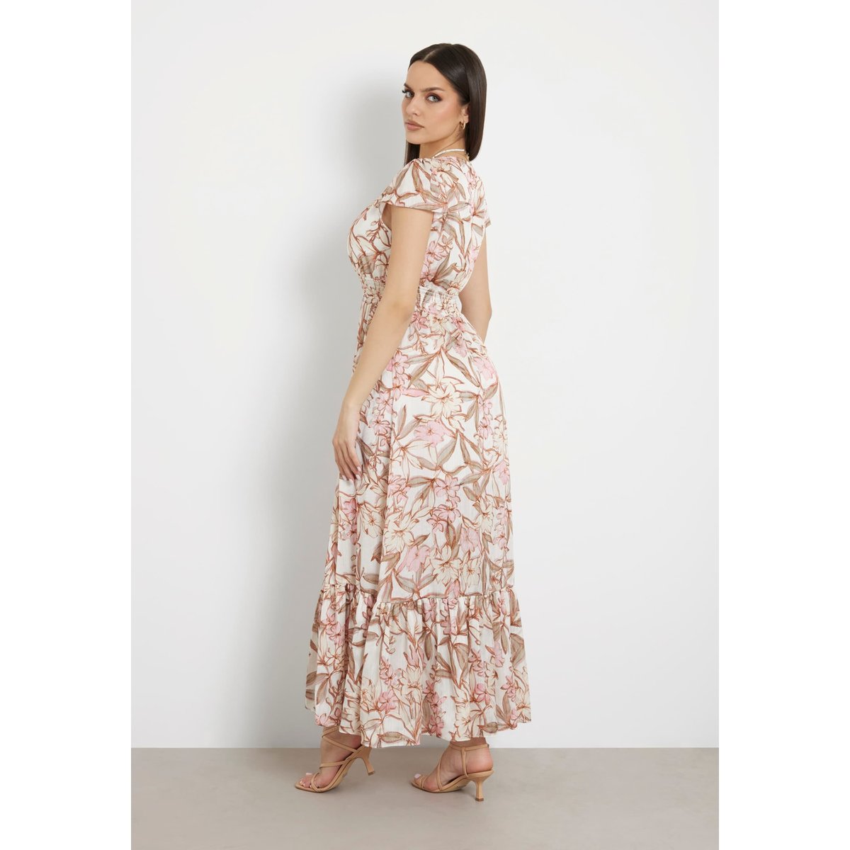 Robe Longue Jacquard Froissé rose floral, GUESS