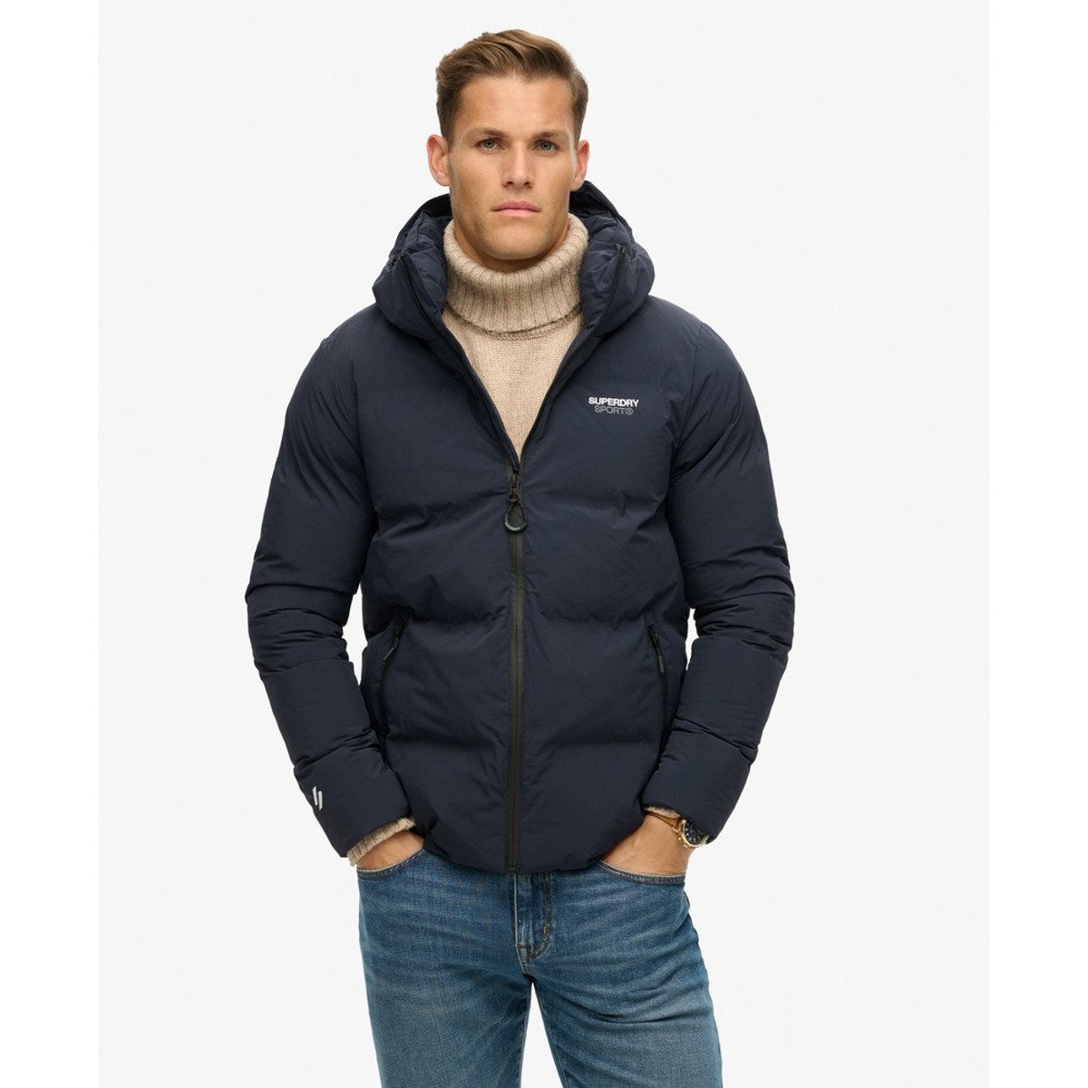 Doudoune droite à capuche bleu marine éclipse, SUPERDRY
