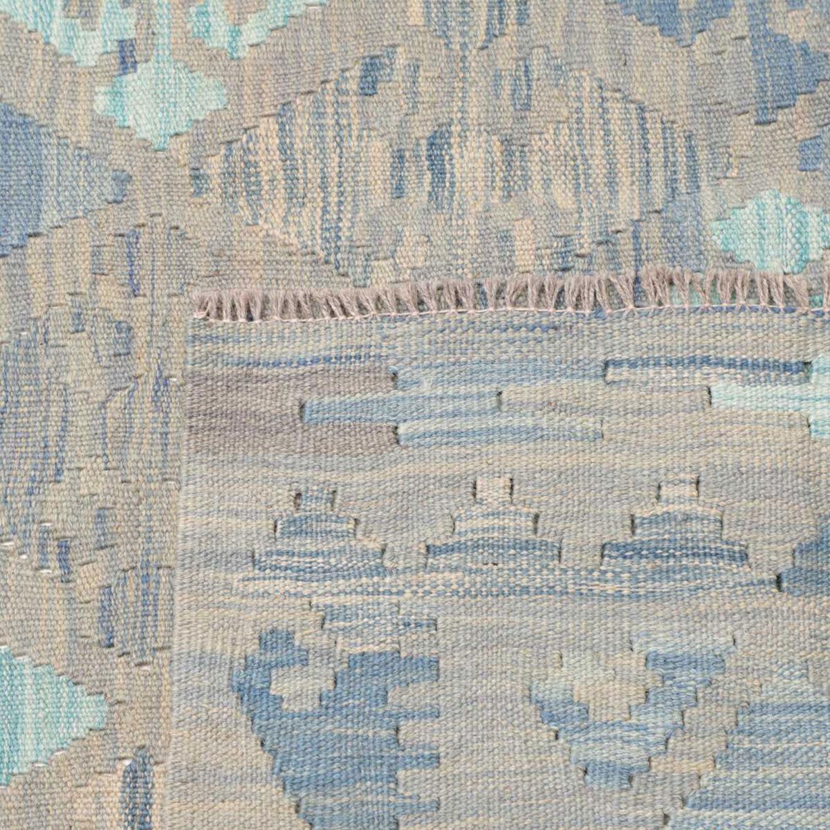 Tapis d'orient au motif géométrique, tissage plat naturel, KILIM 18 bleu, beige, vert, UN AMOUR DE TAPIS